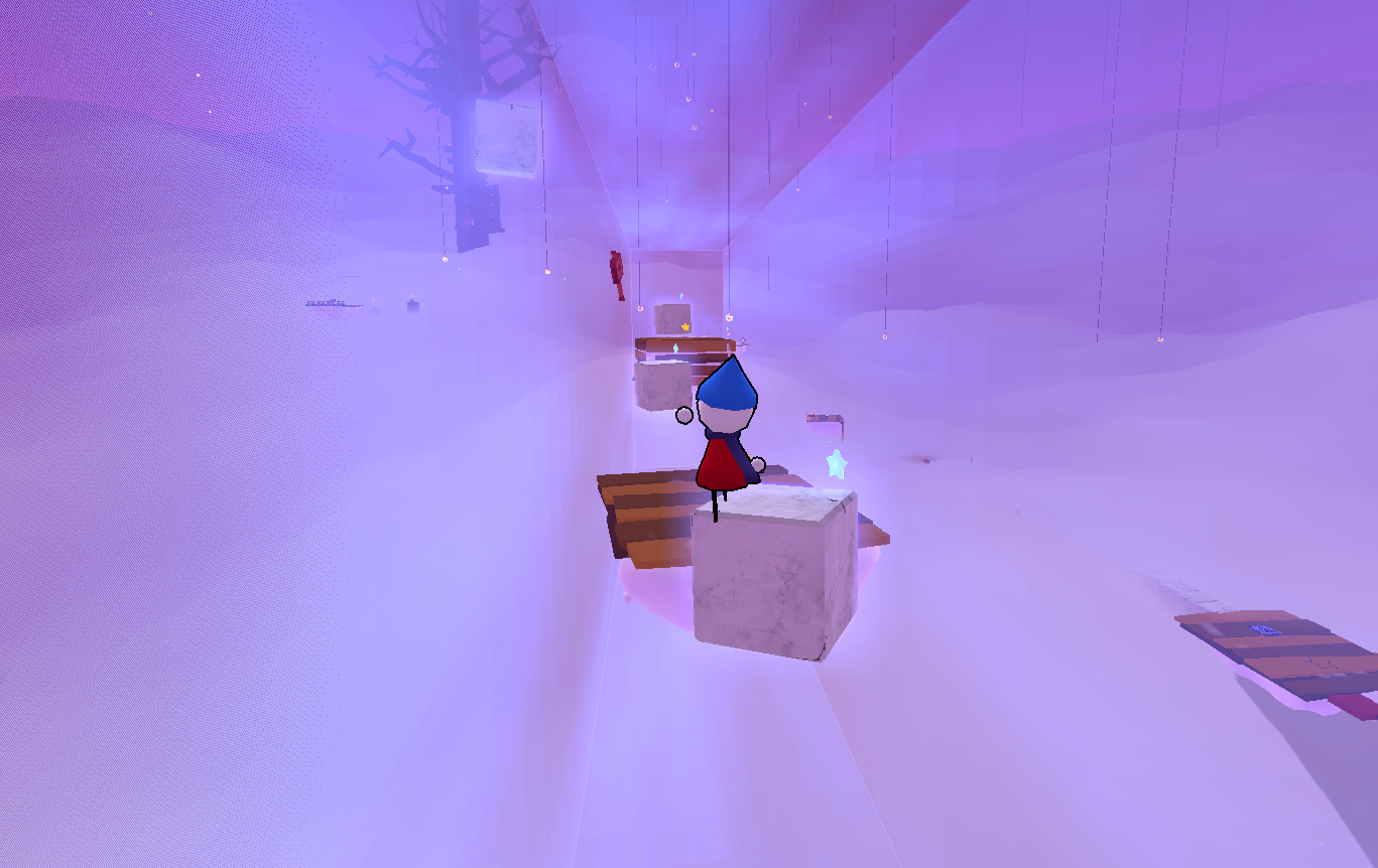 Screenshot 3 of Big Dreams Part 2. Flute is in a blue rectangular gravity zone, jumping across some marble blocks.