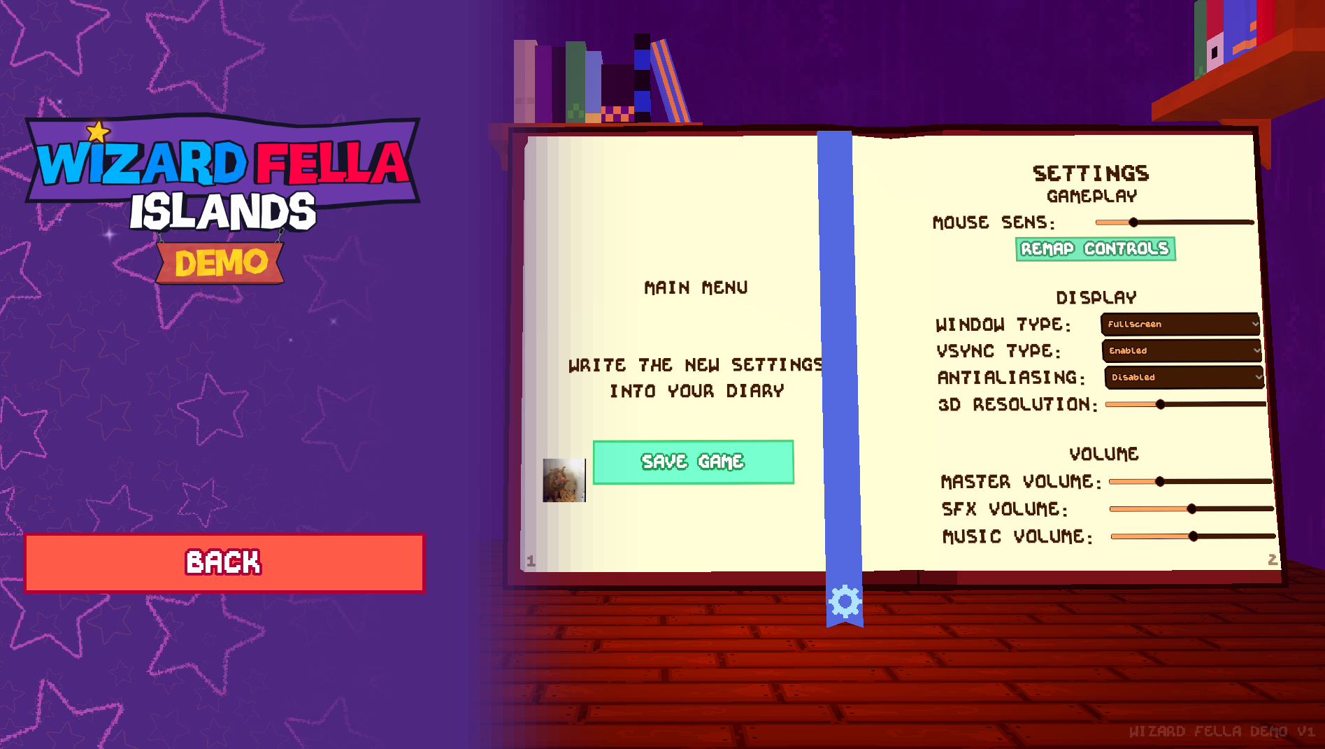Main Menu Settings Screen